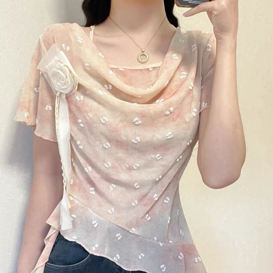 프랑스식 디자인 센스 3 차원 꽃 리본 꽃무늬 티셔츠 여성 여름 파란색 불규칙 프릴 반팔 맨위