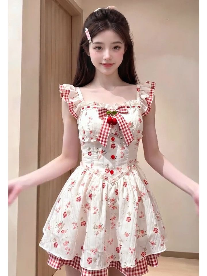 여름 달콤함 도파민 작은 날다 소매 나비 매듭 체리 꽃무늬 여성 드레스 허리 수축 슬림해 보이는 퍼프 공주 드레스