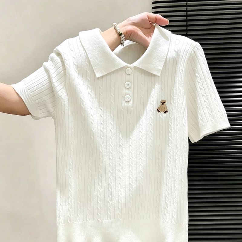 POLO 칼라 니트 반팔 티셔츠 여성 2026 여름 새로운 프랑스식 쇼트 스타일 몸매 가꾸기 파란색 긍정적 인 어깨 자수 맨위