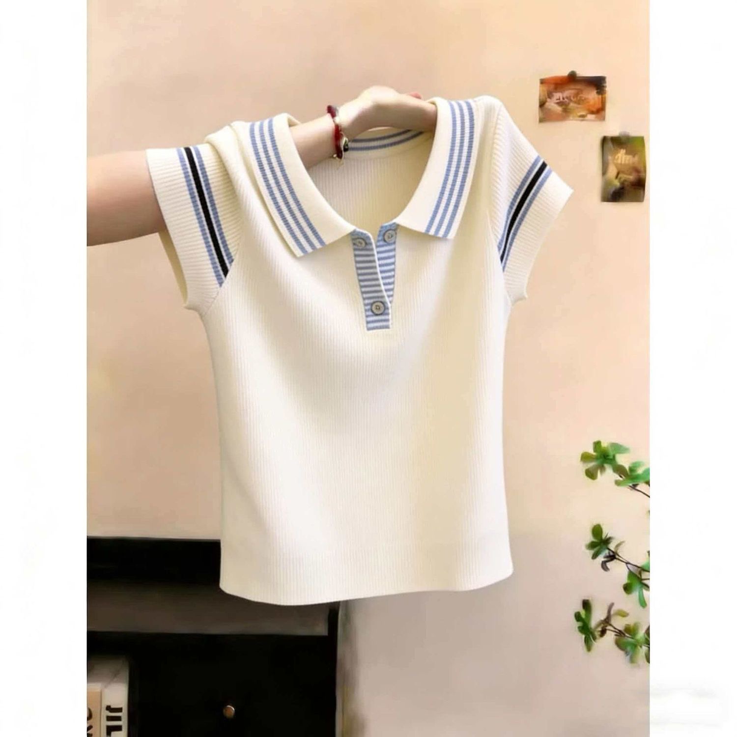 한 부서 스트라이프 얼음 실크 니트 스웨터 반팔 여성 여름 새로운 외국 가스 다용도 POLO 칼라 레트로 패치워크 색상 티셔츠 맨위