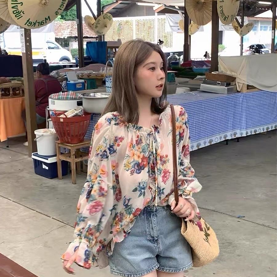 뜨 거 운 ~ 중 계절 한 부서 레트로 색상 꽃 프린트 쉬폰 셔츠 작은 대중 얇은 스타일 디자인 센스 표지 배