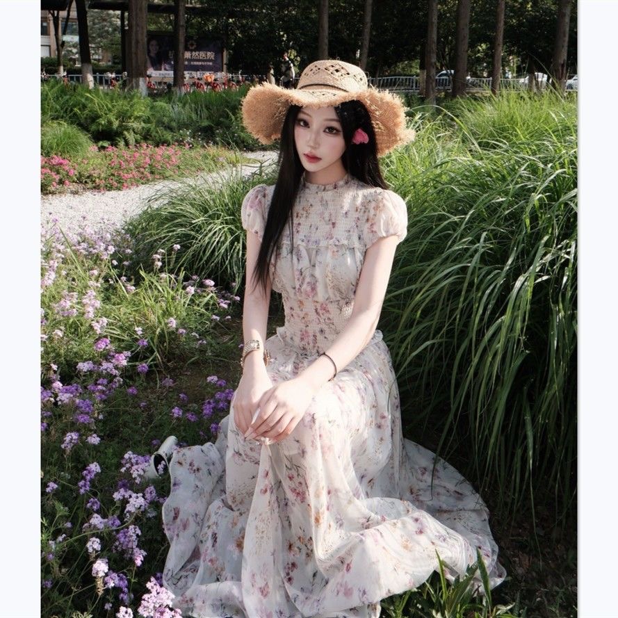 프랑스식 부드러운 바람 핑크색 꽃무늬 여성 드레스 여름 해변가 휴가 바람 고급 센스 아름다운 허리 수축 길다 치마