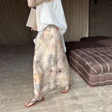 批发法式印花朦胧罩纱双层设计A摆半身裙女2026夏款新款显瘦休闲长裙