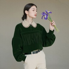 批发超好看墨绿色<b class='q'>卫衣</b>女2025早秋季法式小资甜美减龄<b class='q'>长袖</b>流苏翻领上衣