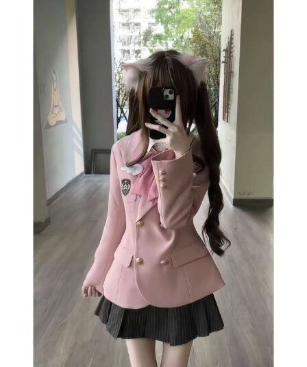 학원 스타일 jk 유니폼 재킷 트렌드 작은 키 정장 여성 달콤함 신선함 이중 버튼 봄과 가을 긍정적 인 어깨 외출용