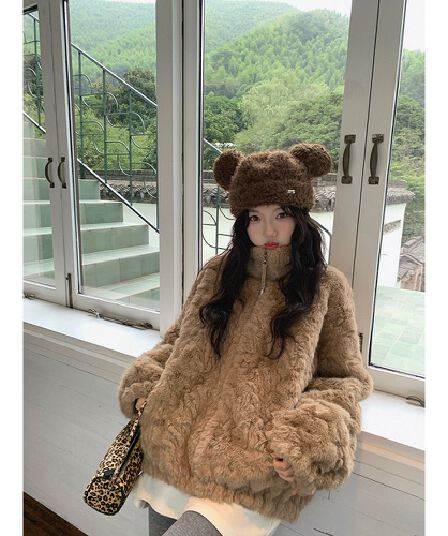 빛 럭셔리 센스 환경 보호 털 모조 모피 보온 플리스 여성 코트 루즈핏 보온 지퍼 재킷