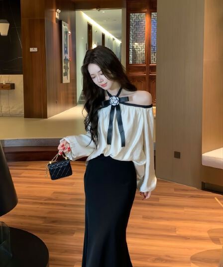 품격 섹시함 오프숄더 행침 목 긴팔 맨위 여성 빛 럭셔리 새틴 인어 꼬리 반신 스커트 투피스 세트