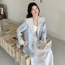 批发蓝色韩版蕾丝拼接西装外套女2026春季新款超好看休闲西服上衣