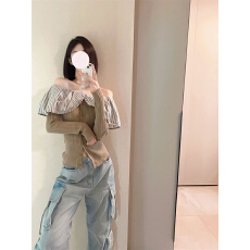 批发<b class='q'>一字肩</b>针织衫上衣女新款ins美式潮流小众拼接设计感短款毛衣外穿
