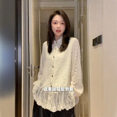 批发小香风蕾丝拼接长袖<b class='q'>衬衫</b>女春秋宽松中长款花边下摆叠穿打底衫上衣