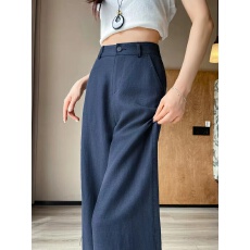 批发棉麻窄版藏青色麻料亚麻阔腿裤女春秋2026新款垂感加长直筒裤子
