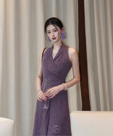 링 茜 거만한 와우 보라색 라임 프랑스식 보라색 행침 목 여성 드레스 봄 여름 레트로 민소매 레이스업 허리 수축 롱 스커트