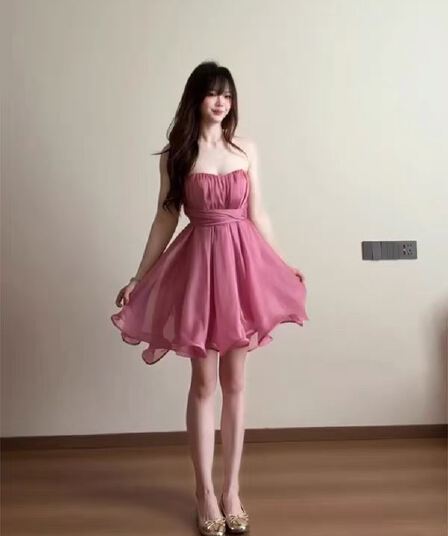 봄날 사역 강 하나 주 오족 라스베리 과일 실 그림자 순수한 욕망 바람 리본 튜브탑 미니 스커트 드레스