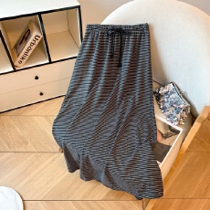 批发休闲<b class='q'>百搭</b>灰色条纹抽绳a字半身裙女2025秋慵懒风高腰显瘦中长款裙