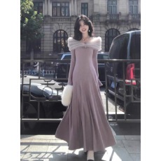 批发法式一字肩<b class='q'>紫色</b>针织长袖<b class='q'>连衣裙</b>女秋冬季巨好看气质收腰修身长裙子