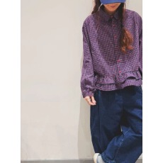 批发森系紫蓝色翻领荷叶边格纹长袖<b class='q'>衬衫</b>2025秋季设计感高级复古上衣女