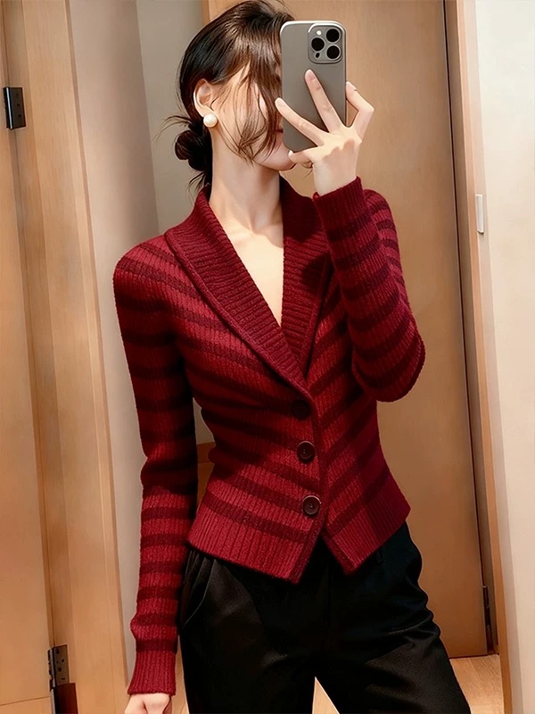 MY15405# 安可拉红色条纹毛衣女高端时髦洋气独特漂亮上衣超好看掐腰针织衫女裝貨源服裝批發