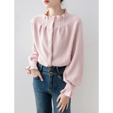 批发法式立领杏粉色<b class='q'>长袖</b>衬衫女2025新款秋冬季高级感轻奢减龄洋气上衣