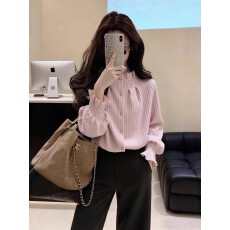 批发韩系绝美巨好看的粉色<b class='q'>条纹</b><b class='q'>衬衫</b>女2025秋冬新款设计感减龄洋气小衫