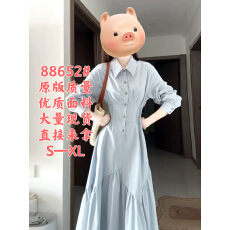 批发法式蓝色长袖衬衫连衣裙子女早春季2026新爆款温柔风收腰气质长裙
