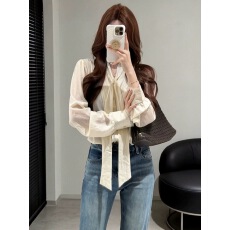 批发法式轻熟优雅风V领系带<b class='q'>衬衫</b>女款2026春季新款<b class='q'>长袖</b>气质高级感上衣