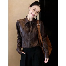 批发个性咖色<b class='q'>衬衫</b>皮面拼接<b class='q'>衬衫</b>女2026春季款复古翻领休闲宽松<b class='q'>长袖</b>上衣