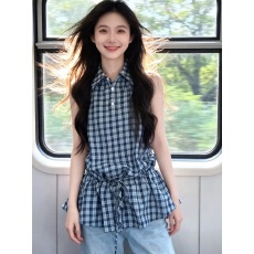 批发2026温柔感蓝格纹挂脖衬衫领女<b class='q'>夏</b>款小个子显高收腰抽绳款休闲上衣