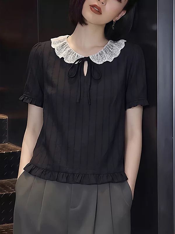 프랑스식 베이비 칼라 반팔 여성 셔츠 로드 중 여름 2026 검정색 프릴 레이스업 연령 감소 슬림해 보이는 작은 대중 맨위