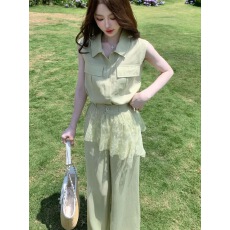 批发初夏巨好看套装<b class='q'>女</b>2026夏季老钱风无袖衬衫+蕾丝屁帘阔腿裤<b class='q'>三件</b>套