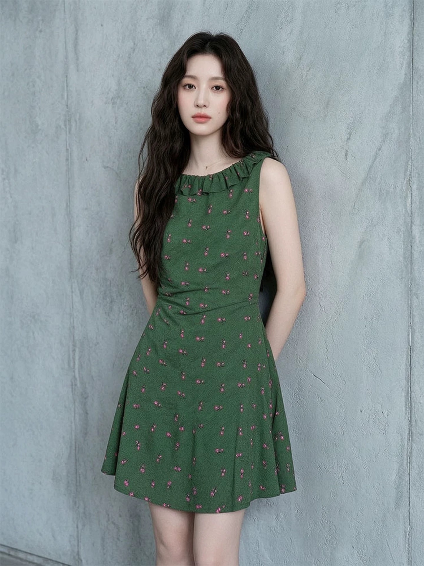여름 작은 청신 센 부서 전원 바람 녹색 프릴 꽃무늬 민소매 드레스 프랑스식 휴가 치마 해변가