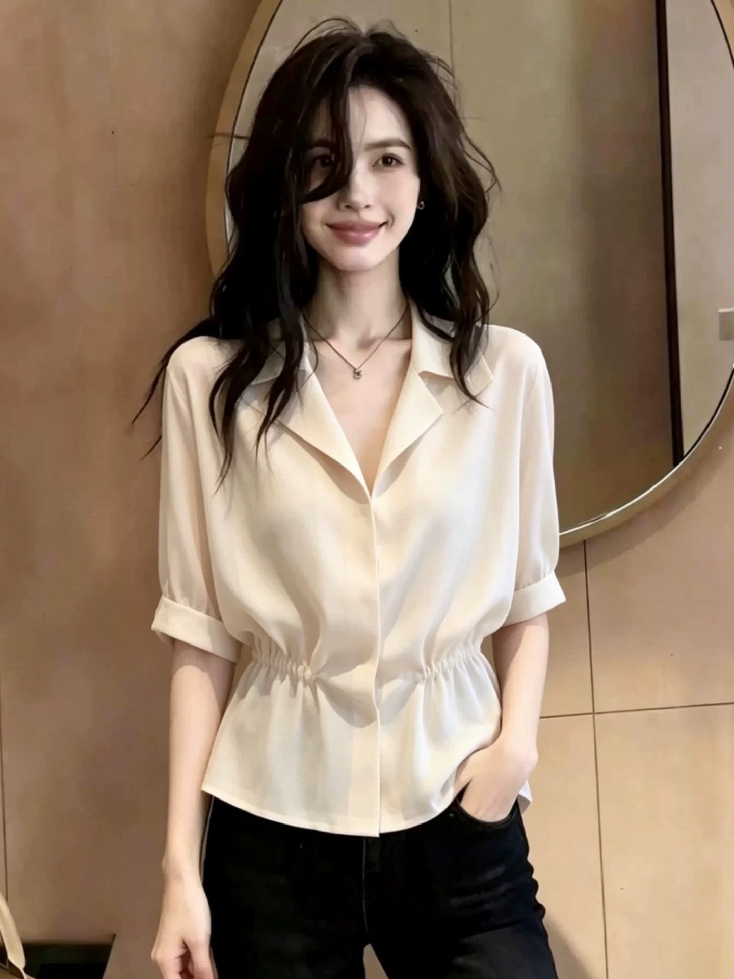 미니멀리즘 패션 출퇴근 바람 허리 수축 여성 셔츠 여름 살구 색상 반팔 맨위 슈퍼 잘 생긴 작은 대중 고급 2026 년