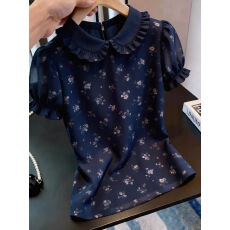 批发法式温柔风娃娃领碎花藏蓝色上衣女减龄显瘦百搭短袖独特时尚<b class='q'>夏季</b>