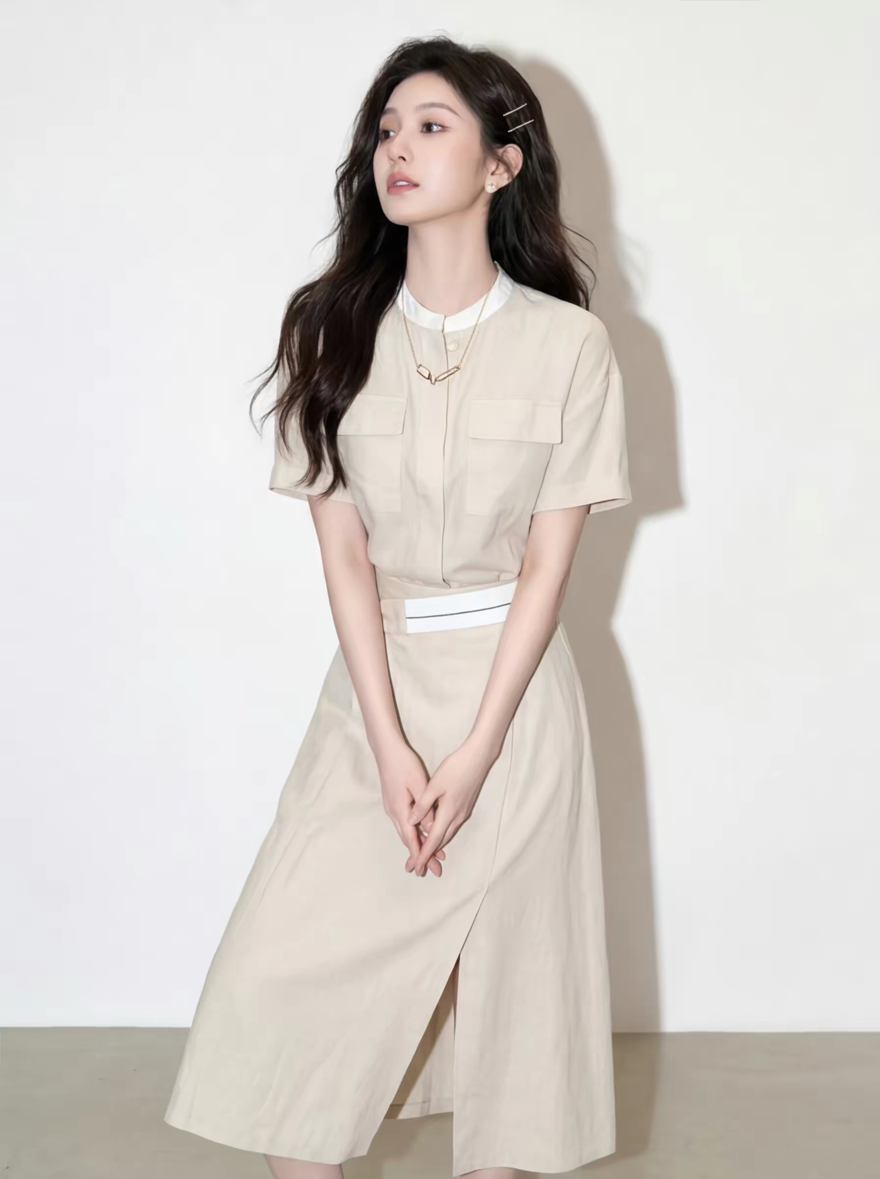 출퇴근 바람 스탠드 칼라 더블 주머니 반팔 셔츠 하이웨이스트 반신 스커트 허리 수축 배색 벨트 숙련 된 투피스 슈트