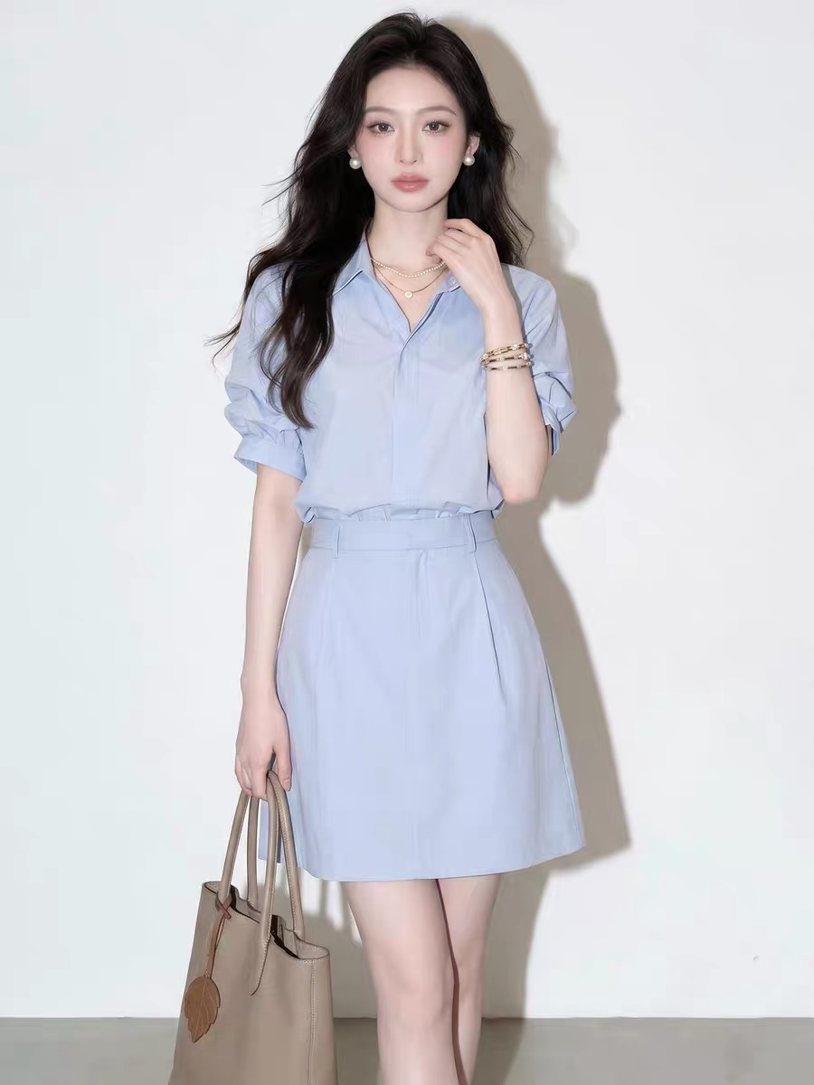 소금 부서 빛 요리 한 바람 슈퍼 거대한 광장 점잖은 파란색 출퇴근 셔츠 반신 스커트 투피스 슈트 여성 여름 2026 새로운