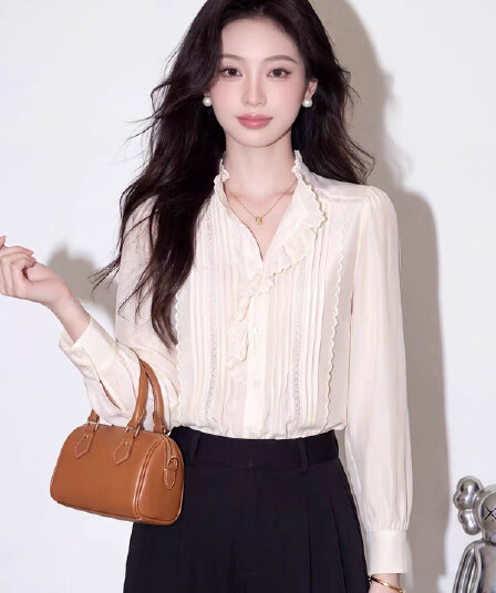 프랑스식 품격 프릴 나팔 소매 여성 셔츠 가을 새로운 고급 센스 루즈핏 다용도 출퇴근 스택 착용 맨위
