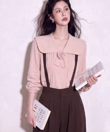 한 부서 부드러운 핑크색 빅 칼라 여성 셔츠 가을 3 차원 장미 주름 디자인 센스 달콤함 긴팔 맨위
