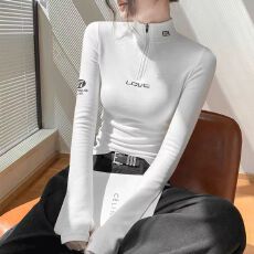 批发2025新款 绣花 开胸半拉链修身中款长袖<b class='q'>T</b><b class='q'>恤</b>