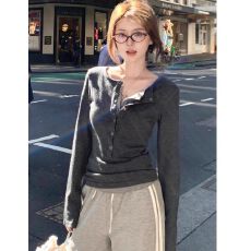 批发秋季韩系灰色<b class='q'>假两件</b>长袖女设计感复古修身显瘦<b class='q'>上衣</b>