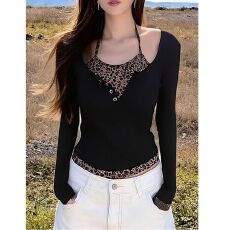 批发美式豹纹拼接<b class='q'>假两件</b>长袖t恤女春秋季爆款修身显瘦设计感小众<b class='q'>上衣</b>