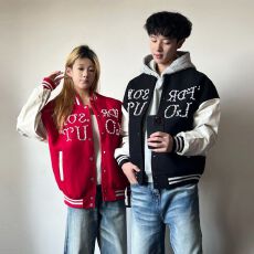 批发美式珍珠红色拼接棒球服男女秋季高街百搭毛呢夹克高级感情侣<b class='q'>外套</b>