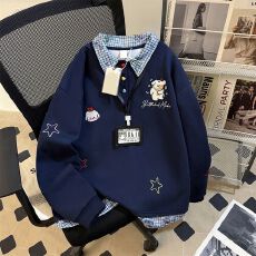 批发2025新款 纯棉 手工纽扣 刺绣 配卡通工牌 翻拼接<b class='q'>衬衫</b><b class='q'>假两件</b>