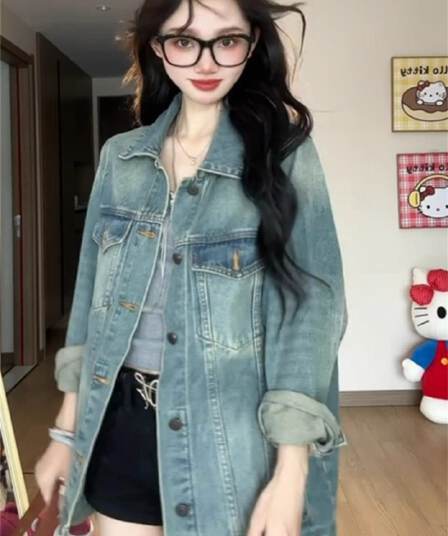 새로운 디자인 센스 루즈핏 느긋한 바람 다용도 맨위 트렌디 아메리칸 레트로 마 오래된 워싱 데님 여성 코트 봄 가을