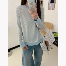 批发新款 色织条拼纯棉螺纹包肩领 刺绣 假两件圆领长袖条纹t恤