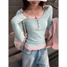 批发新款 拼接蕾丝<b class='q'>长袖</b>t恤女修身假两件<b class='q'>打底衫</b>内搭上衣