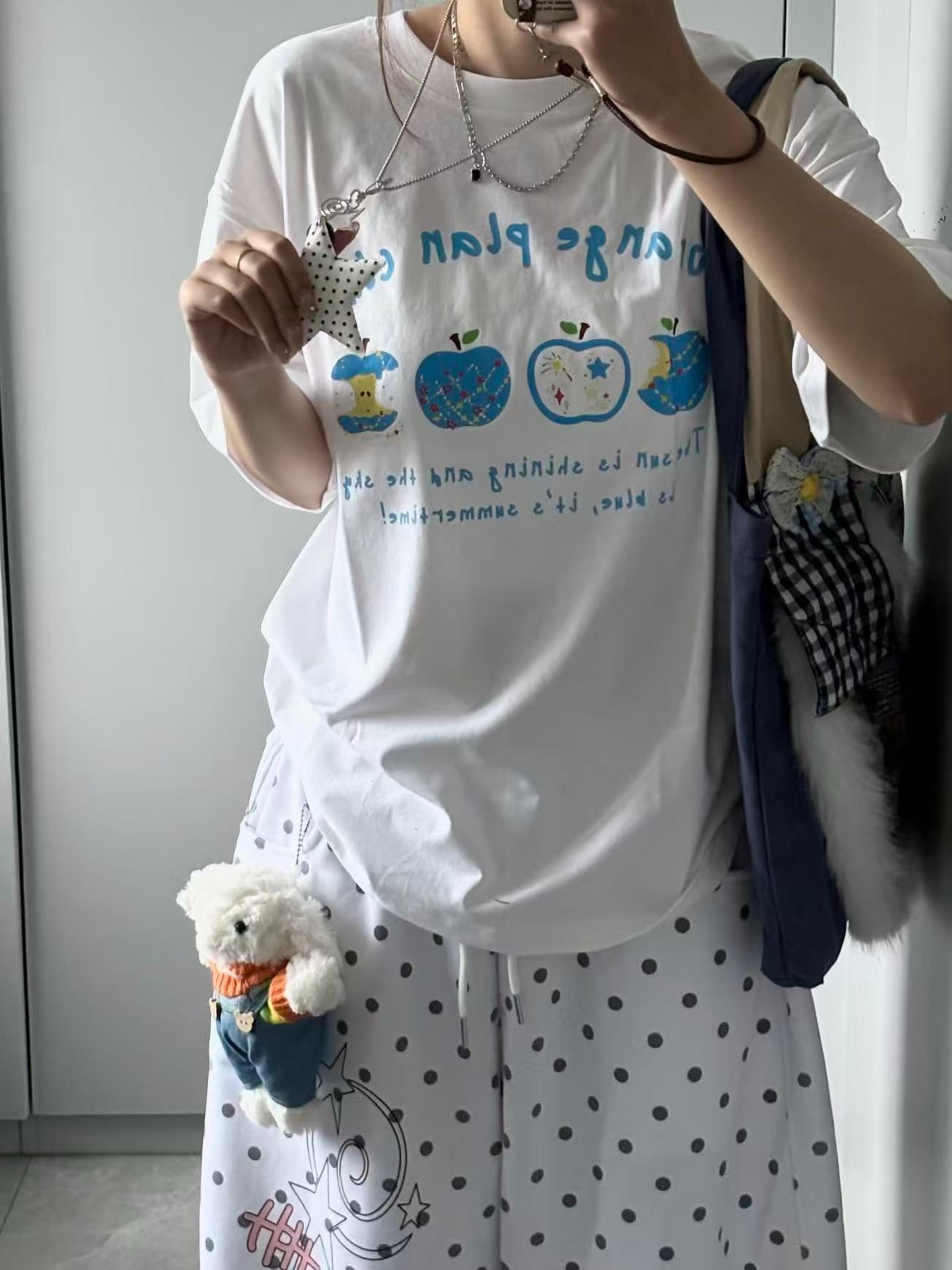 새로운 생방송 품질 이후 패키지 칼라 반팔 티셔츠 애플 알파벳 프린트