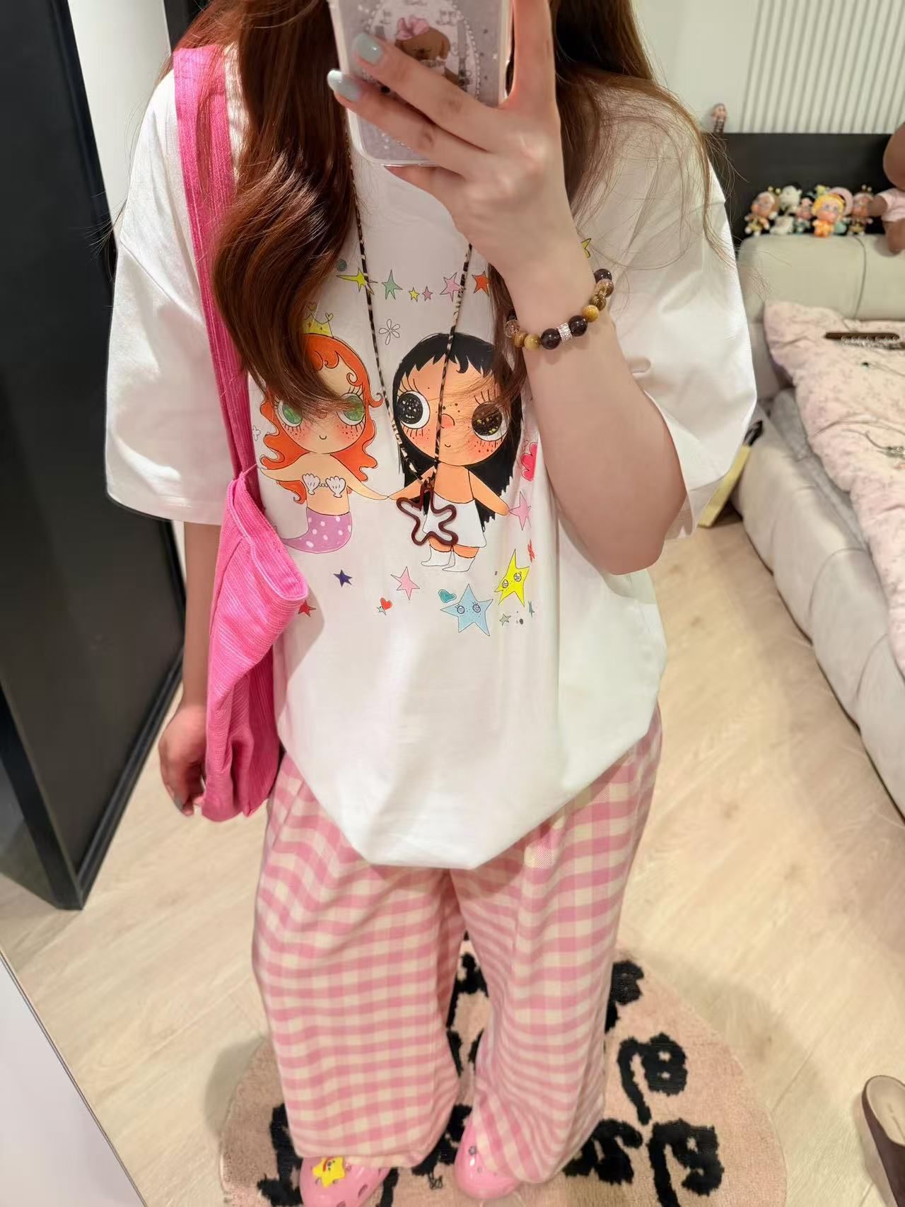 새로운 생방송 품질 이후 패키지 칼라 반팔 티셔츠 만화 소녀 프린트