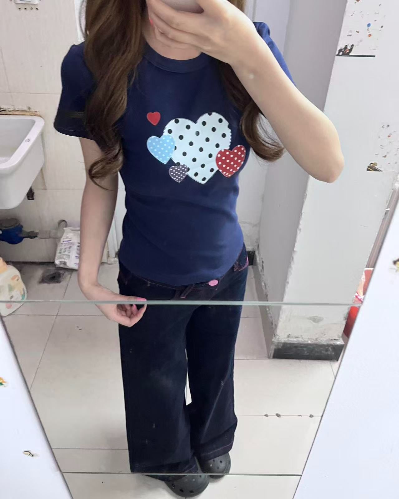 새로운 생방송 품질 높은 탄력성 몸매 가꾸기 티셔츠 하트 프린트