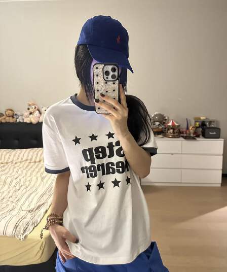 새로운 출처 생방송 품질 반팔 티셔츠 패치워크 배색 별 단어