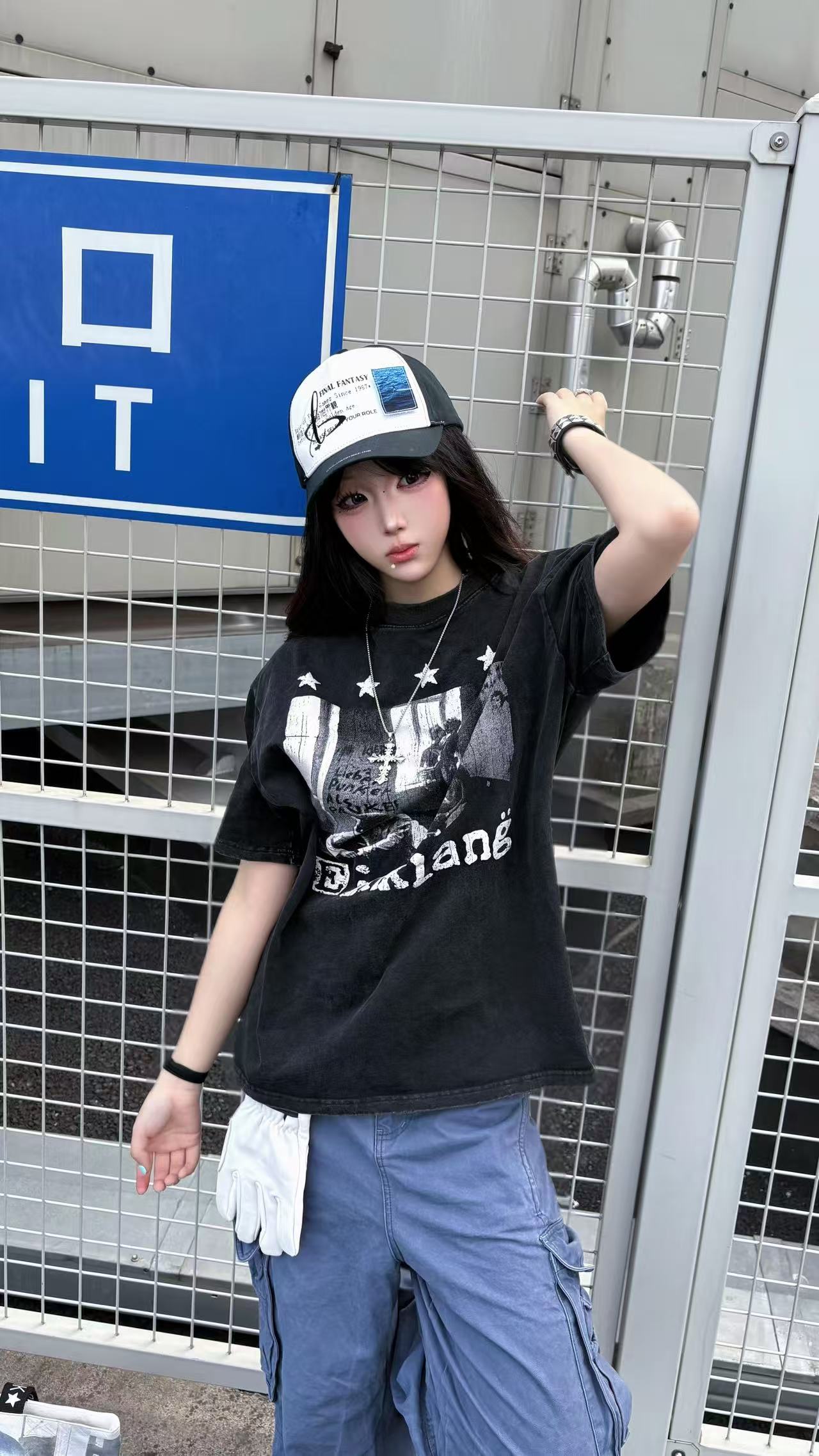 새로운 생방송 품질 워싱 블랙 가을 어깨 티셔츠 별 초상화 프린트