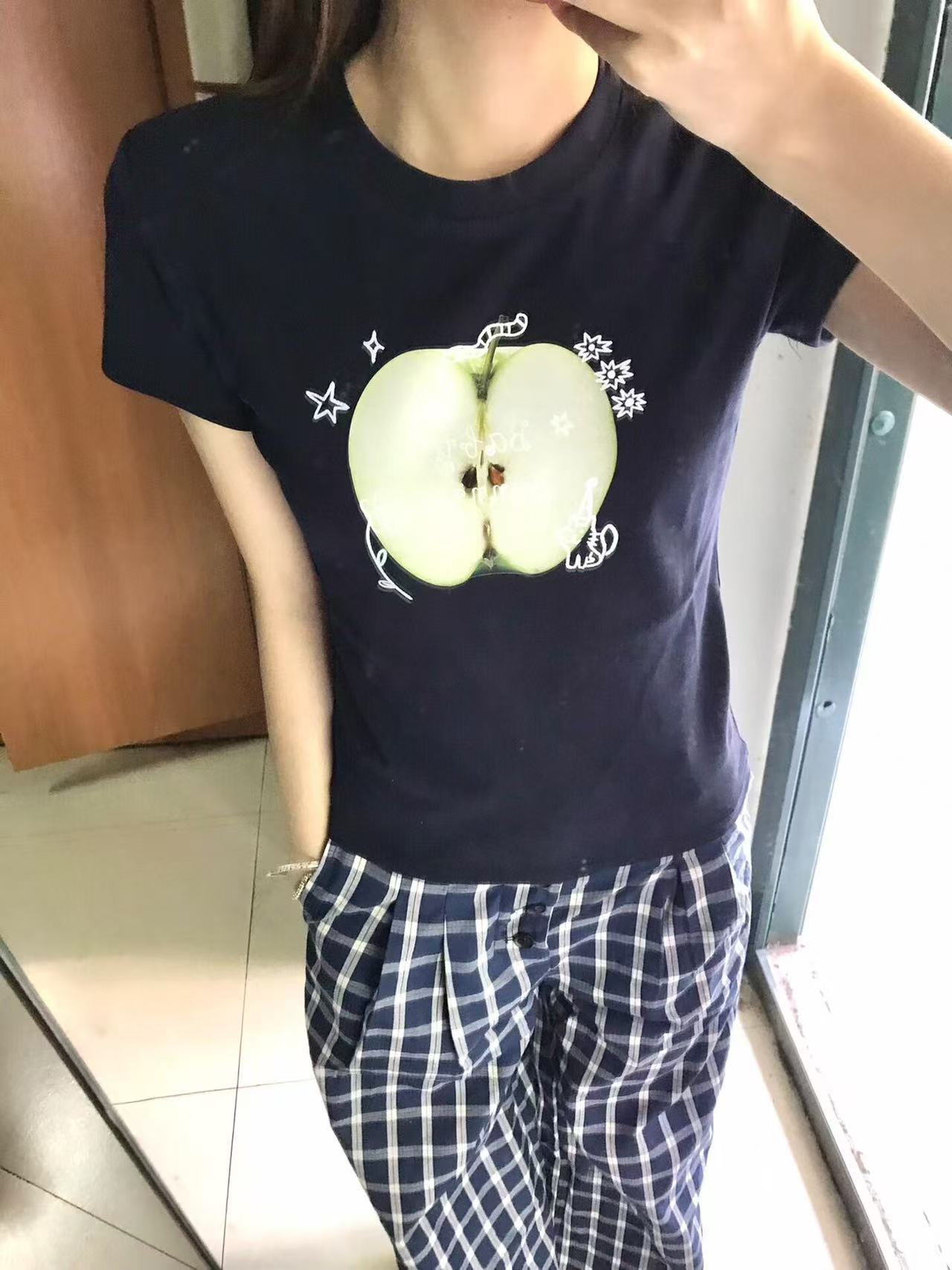 출처 생방송 품질 이후 패키지 칼라 애플 프린트 높은 탄력성 몸매 가꾸기 t